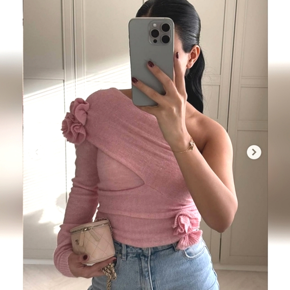 Zara raised floral knit top pastel pink Size XL